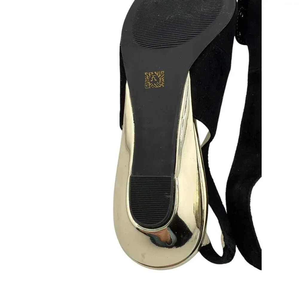 Anne Klein AK Farrah Black Suede Gold Stud Bow Slingback Heels Sz 6 M NWOB